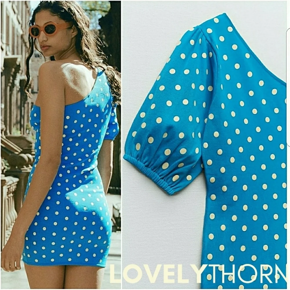 ZARA // turquoise polka dot one puff shoulder soft & stretchy knit mini dress - Picture 5 of 16